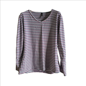 Stretchy Long Sleeve Striped Cotton V-Neck T-shirt